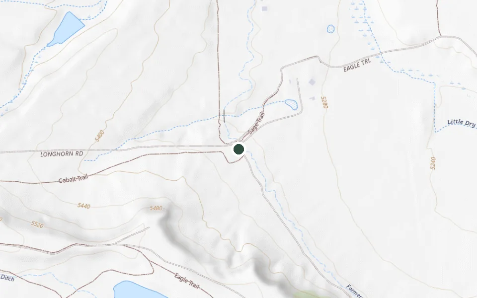 USGS topographic map of the Boulder Valley Ranch Trailhead on Longhorn Road north of Boulder, with the trailhead marked and the Eagle, Sage and Cobalt trails visible.