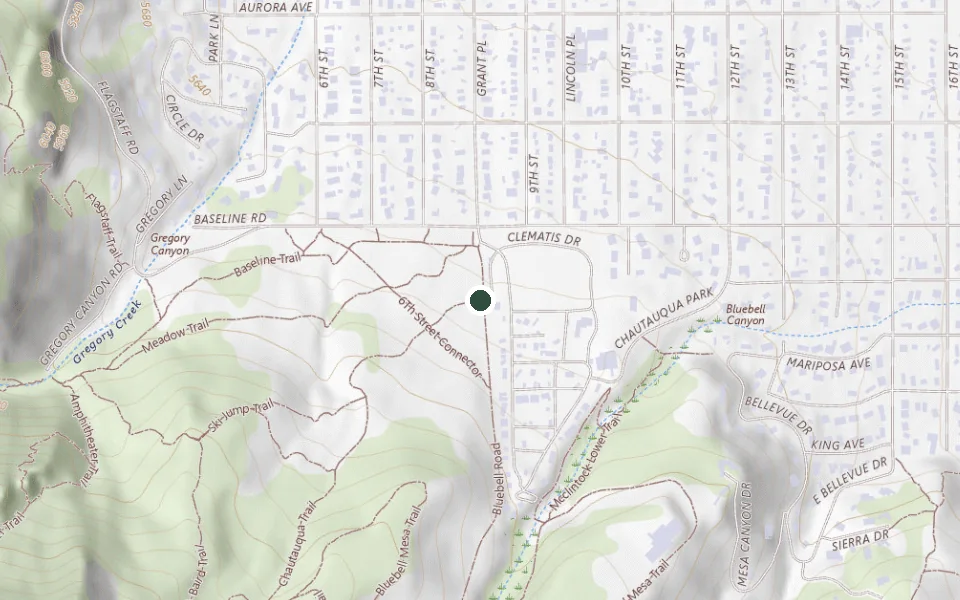 USGS topographic map of the Chautauqua Trailhead off Baseline Road in Boulder, with the trailhead marked and Bluebell Road and the Chautauqua and Mesa trails visible.