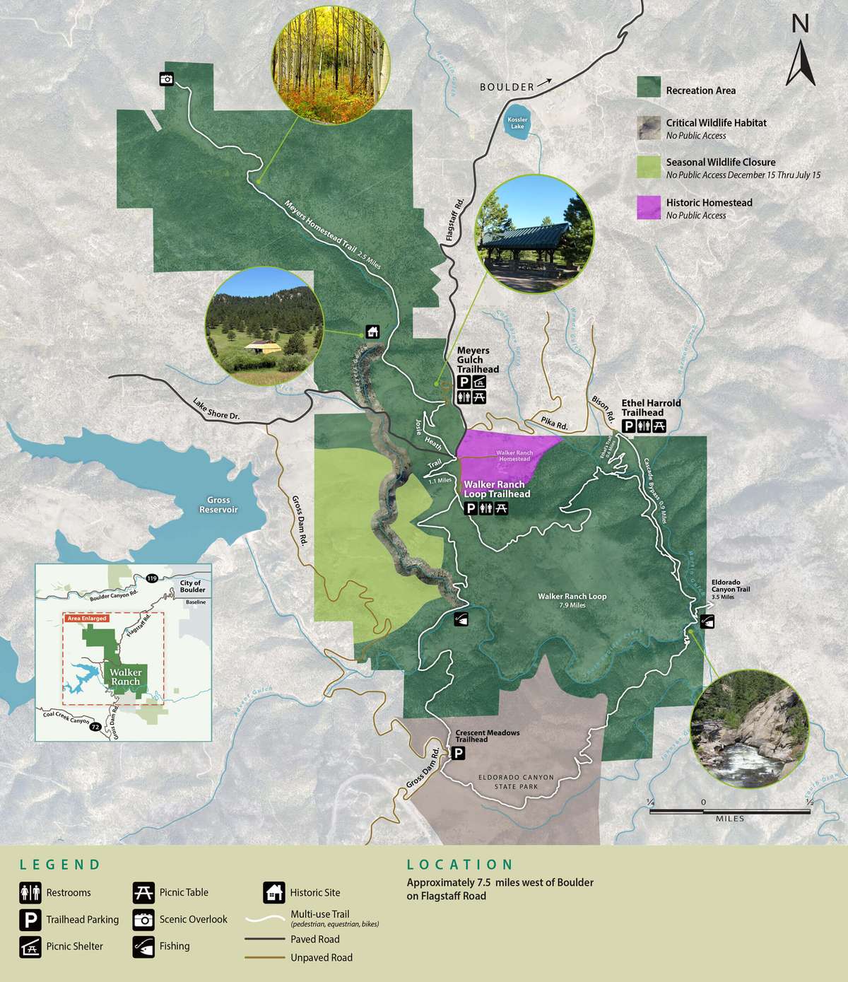 Boulder County trail map of Walker Ranch showing the loop, trailheads, and Meyers Homestead trail